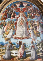 Szűz mennybemenetele Szent Tamással, aki átveszi az övet Assisi Szent Ferenc és Páduai Antal között, 1480-as évek