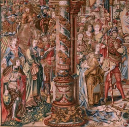 Flamand kárpit. A kitüntetések sorozat. Hit (La Fe). A sorozat első gobelinje. Modell karikaturisták Bernard van Orley és Jan Gossaert (Mabuse) köréből. Gyártás Pieter van Aelst, Brüsszel. Kb. 1550. Szövet Arany, ezüst, selyem és gyapjú.