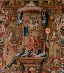 Flamand kárpit. A kitüntetések sorozat. Hit (La Fe). A sorozat első gobelinje. Modell karikaturisták Bernard van Orley és Jan Gossaert (Mabuse) köréből. Gyártás Pieter van Aelst, Brüsszel. Kb. 1550. Szövet Arany, ezüst, selyem és gyapjú.