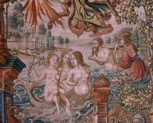 Flemish tapestry. Series The Honours. Fame (La Fama). Third tapestry in the series. Model Cartoonists from the circle of Bernard van Orley and Jan Gossaert (Mabuse). Manufacture Pieter van Aelst, Brussels. Ca 1550. Fabric Gold, silver, silk and wool.   131