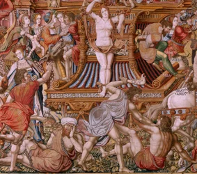 Flamand kárpit. A kitüntetések sorozat. Infamy (La Infamia). A sorozat hatodik kárpitja. Modell karikaturisták Bernard van Orley és Jan Gossaert (Mabuse) köréből. Gyártás Pieter van Aelst, Brüsszel. Kb. 1550. Szövet Arany, ezüst, selyem és gyapjú.
