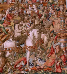 Flamand kárpit. A kitüntetések sorozat. Infamy (La Infamia). A sorozat hatodik kárpitja. Modell karikaturisták Bernard van Orley és Jan Gossaert (Mabuse) köréből. Gyártás Pieter van Aelst, Brüsszel. Kb. 1550. Szövet Arany, ezüst, selyem és gyapjú.