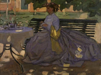 Nő ül a kertben, 1910 körüli (olaj, cava)