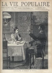 Egy nő szeretettel és csodálattal hallgatja az előtte ülő férfi beszédét egy pár vacsorán. Theodore de Banville (1823-1891) B. Borione „A rabszolga” című illusztrációja. Metszet 1891-ből a „La vie populaire” c. közlegény ezredes