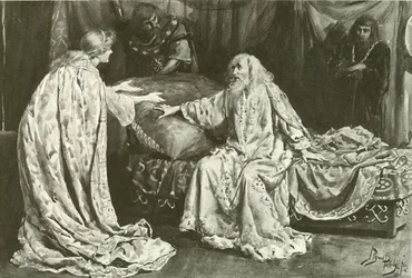 Miss Ellen Terry mint Cordelia, Mr Henry Irving mint Lear király (mélynyomás)