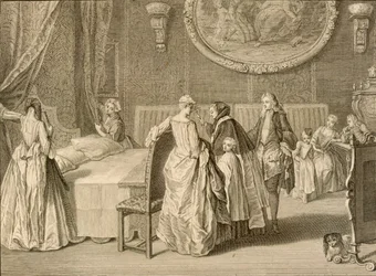 A házassági ágy megáldása, illusztráció a „Vallási szertartások és szokások” című könyvből, 1724