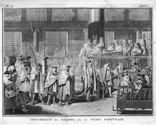Judaizmus: A pálmák felvonulása a portugál zsidó közösségben. Metszet Bernard Picart (1723-1743) „Illustration de ceremonies et customs religieuses de tous les peuples du monde” című könyvéből, 1819 Magángyűjtemény