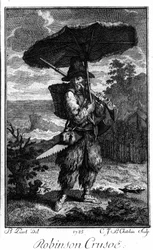 Robinson Crusoe ábrázolása a sivatagi szigetén. Bernard Picart (1673-1733) metszete Daniel Defoe vagy De Foe (1660-1731) regényét illusztrálva