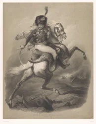 Támadó tiszt lóháton Le chasseur de la garde (cím a tárgyon) Új litográfiák kétféle krétával (sorozat címe) Nouveaux groupes aux deux zsírkréták (sorozat címe az objektumon)