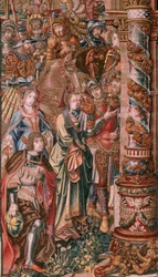 Flamand kárpit. A kitüntetések sorozat. Hit (La Fe). A sorozat első gobelinje. Modell karikaturisták Bernard van Orley és Jan Gossaert (Mabuse) köréből. Gyártás Pieter van Aelst, Brüsszel. Kb. 1550. Szövet Arany, ezüst, selyem és gyapjú.