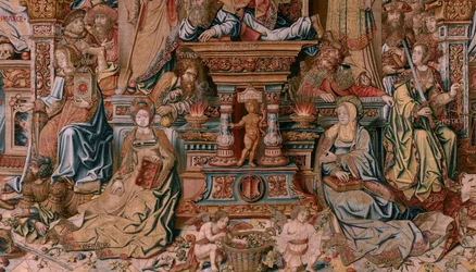 Flamand kárpit. A kitüntetések sorozat. Hit (La Fe). A sorozat első gobelinje. Modell karikaturisták Bernard van Orley és Jan Gossaert (Mabuse) köréből. Gyártás Pieter van Aelst, Brüsszel. Kb. 1550. Szövet Arany, ezüst, selyem és gyapjú.