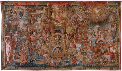 Flamand kárpit. A Kitüntetések sorozat. Fortuna, Az út a kitüntetésekhez. A sorozat ötödik kárpitja. Bernard van Orley és Jan Gossaert de Mabuse köréhez tartozó kartontervezők mintája. Pieter van Aelst manufaktúra, Brüsszel