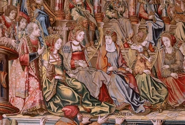 Flamand kárpit. A kitüntetések sorozat. Honor (El Honor). A sorozat második kárpitja. Modell karikaturisták Bernard van Orley és Jan Gossaert (Mabuse) köréből. Gyártás Pieter van Aelst, Brüsszel. Kb. 1550. Szövet Arany, ezüst, selyem és gyapjú.