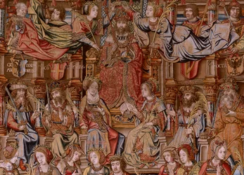 Flamand kárpit. A kitüntetések sorozat. Honor (El Honor). A sorozat második kárpitja. Modell karikaturisták Bernard van Orley és Jan Gossaert (Mabuse) köréből. Gyártás Pieter van Aelst, Brüsszel. Kb. 1550. Szövet Arany, ezüst, selyem és gyapjú.