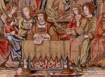 Flamand kárpit. A kitüntetések sorozat. Honor (El Honor). A sorozat második kárpitja. Modell karikaturisták Bernard van Orley és Jan Gossaert (Mabuse) köréből. Gyártás Pieter van Aelst, Brüsszel. Kb. 1550. Szövet Arany, ezüst, selyem és gyapjú.