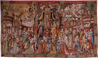 Flamand kárpit. A kitüntetések sorozat. Igazságszolgáltatás (La Justicia, Los Honores). Kilencedik kárpit a sorozatban. Modell karikaturisták Bernard van Orley és Jan Gossaert (Mabuse) köréből. Gyártás Pieter van Aelst, Brüsszel. 1550 körül. Szövet Arany, 
