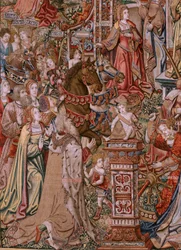 Flamand kárpit. Sorozat The Honours; Prudence (La Prudencia).A sorozat hetedik kárpitja. Modell karikaturisták Bernard van Orley és Jan Gossaert (Mabuse) köréből. Gyártás Pieter van Aelst, Brüsszel. Kb. 1550. Szövet Arany, ezüst, selyem és w