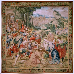 Flamand kárpit. Krisztus szenvedése sorozat. Elesik a Kálvária felé vezető úton (Caída en el camino del Calvario). A sorozat második kárpitja. Modellek Bernard van Orley karikaturista. Gyártás Pieter de Pannemaker, Brüsszel. Körülbelül 1518-1523. Szövet ar
