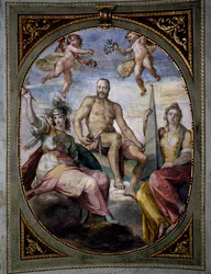 I. Cosimo allegorikus ábrázolása, freskó, Bernardino Poccetti (1548-1612). Sala di Bona mennyezet, Pitti-palota, Firenze. Olaszország