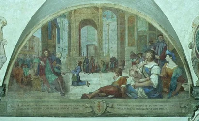 Az ifjú Szent Antal a feszület előtt imádkozik a Várostéren (freskó)