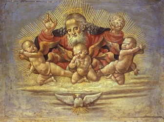 Az Atyaistent három angyallal ábrázoló oltárkép része, 1500 körül (tempera fán)