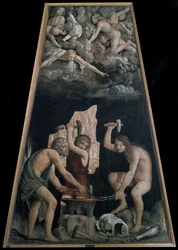 Isteni fegyvereket kovácsoltak a Vulkán Forge-jában a felhőkben heverő angyalok előtt, Részlet (Fresco