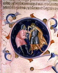 Két veszekedő férfi miniatűrje, Valois-i V. Károly Bibliájából (vellum)