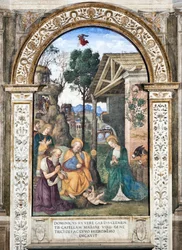 A pásztorok imádása, Pinturicchio (Bernardino di Betto) (1454-1513) freskója, 1484-1492, Santa Maria del Popolo-bazilika (Santa Maria del Popolo-templom), Basso della Rovere-kápolna, Róma, Olaszország