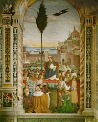 Aeneas Silvius Piccolomini, II. Pius pápa az olaszországi Ancona kikötőjében, ahol meghalt, miközben a keresztesek gyülekezésére várt (freskó).