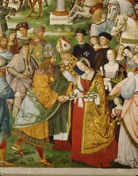 Aeneas Silvius Piccolomini, Siena akkori püspöke, bemutatja III. Friedrich császárt Portugál Eleonórának, menyasszonyának (freskó).