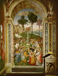 Aeneas Silvius Piccolomini, Siena akkori püspöke, bemutatja III. Friedrich császárt Portugál Eleonórának, menyasszonyának (freskó).