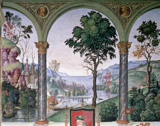 Háttér táj a loggián keresztül, részlet: Aeneas Sylvius Piccolomini (1405-64) beszédet mond I. Jakab skót király (1394-1437) előtt 1435 telén
