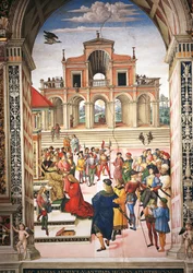 Olaszország, Siena, katedrális, Piccolomini-könyvtár, Enea Silvio Piccolominit III. Frigyes császár költő díjassá teszi, részlet a II. Pius történeteiből
