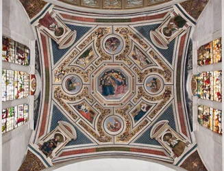 „A Szűz megkoronázása“, „A négy evangélista“, „A szibillák“ és „Az egyházdoktorok“. A kórus boltozata, 1508-1510. Santa Maria del Popolo-bazilika (Santa Maria del Popolo-templom)