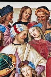 Piccolomini Könyvtár, északkeleti fal: „Aeneas Sylvius beszédet mond I. Jakab skót király előtt, 1435 telén”