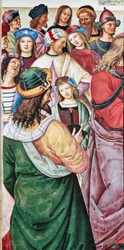 Piccolomini Könyvtár, északkeleti fal: „Aeneas Sylvius beszédet mond I. Jakab skót király előtt, 1435 telén”