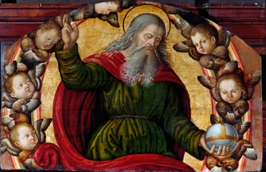 Az örökkévaló Atya (Isten) és a kerubok. Isten jobb kezének ujjait áldás jeléül felemeli, bal kezében földgömböt tart. Bernardino di Betto, azaz il Pinturicchio (1454-1513) iskolájának festménye. Olaj, fa. Sant