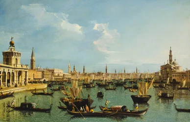 A velencei Szent Márk-medence a Giudecca-csatorna felől, a Doganával, a Molóval, a Riva degli Schiavonival, a San Giorgio Maggiore-templommal és számos csónakkal