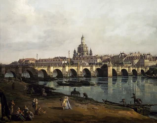 Drezda látképe az Elba jobb partjáról, az Augustusbrückétől folyásiránnyal szemben, kb. 1750
