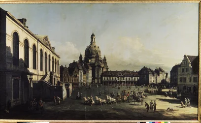 ""Kilátás a drezdai új piactérre"" (Drezdában Neumarkt) Megtekinthetjük a Szűzanya templomot (Notre-Dame) (Frauenkirche) Bernardo Bellotto (1720-1780) festménye 1747 Méret: 134x236 cm "Ermitázs, Szentpétervár (Szentpétervár)