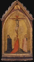 A keresztre feszítés Mária Magdolnával, Madonnával és János evangélistával (tempera, tábla)