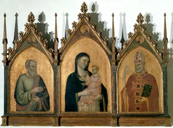 Mindenszentek triptichonja vagy Madonna gyermekkel Szent Máté evangélista és Bari Szent Miklós között - Tempera a panelen