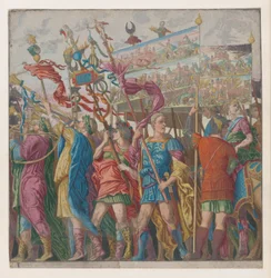 1. lap: Julius Caesar diadalmas katonai tetteit ábrázoló transzparenseket hordozó katonák,..., 1599.