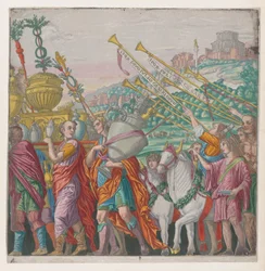 4. lap: Bal oldalon trófeákat vivő férfiak, jobb oldalon trombitások, Julius Ca... diadala, 1599.