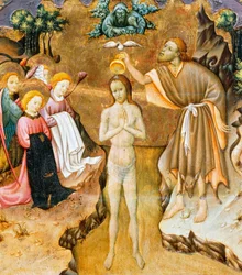 Krisztus keresztsége, részlet a Vic-katedrális oltárképének predellájából, Martorell Bernát (kb. 1400-1452), fára festve. Katalán gótikus művészet.