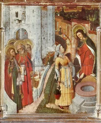 Jézus és a szamaritánus nő, részlet a színeváltozás oltárképéből, 1445 körül (fára festett festmény)