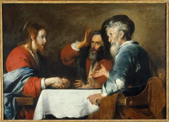 Krisztusnak van Emmausa Krisztus megjelenik a zarándokoknak, akik egy asztalnál ülnek egy emmausi fogadóban. Bernardo Strozzi (1581-1644) festménye 1640 V. 1,24x1,72 m Grenoble, Musee des Beaux Arts