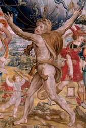 Flamand kárpit. A gömbök sorozat. Az égi szférát támogató Herkules (Hércules sostiene la esfera celeste). A sorozat első gobelinje. Barend van Orley vagy Pieter Coecke van Aelst modell. 1525-1530. Gyártás Joris Vezeleer (Georg Wezeler)?,