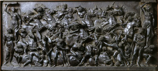 Rómaiak és barbárok csata (bronz) - Rómaiak és barbárok csatája (lovasok csatája). Bertoldo di Giovanni (1420-1491) bronz domborműves harisnya