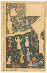 Zenészek és szolgák egy királyi táboron kívül recto, c. 1485.